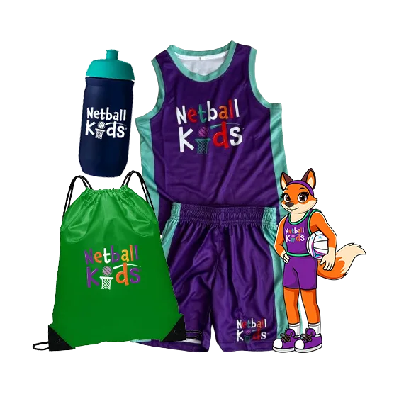 Netball Kids sports set featuring a purple jersey, shorts, water bottle, drawstring bag, and character illustration.