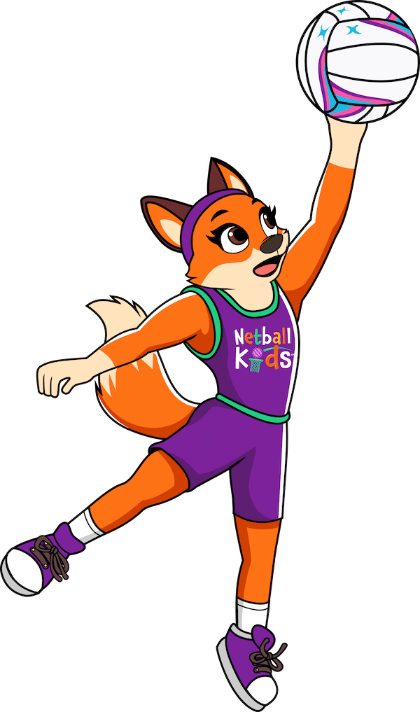 Illustration of a fox character in a netball uniform, showcasing an active pose while holding a netball, promoting youth sports.